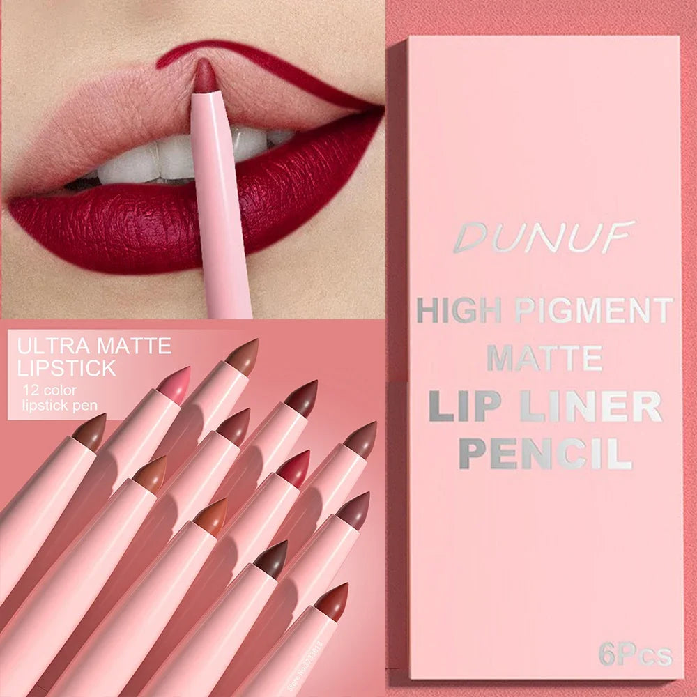 6PC Velvet Matte Lipstick Pen Nude Brown Lip Liner Pencil Kit Smooth Rose Red Pigment Waterproof Long Lasting Dye Cheek Lip Tint Qme