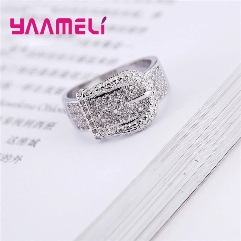 New Shiny 925 Serling Silver Color Belt Ring for Women Full Tiny Austrian Crystals Inlay Paved High Quality Hot Sale Jewelry Qme