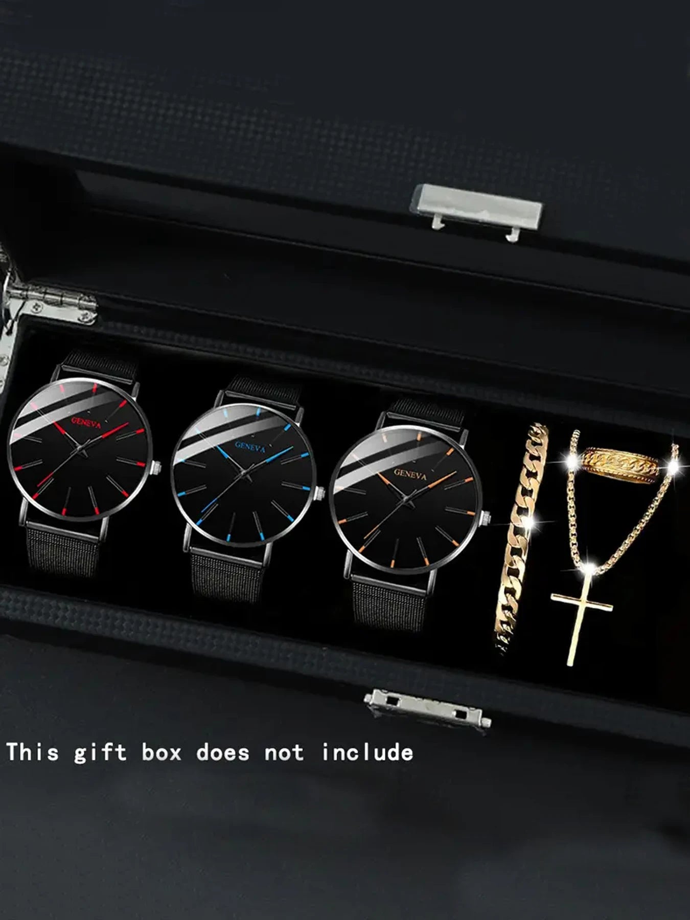 3Pcs Geneva Minimal Mesh Band Watch Set with Cross Necklace & Textured Ring for Men Qme 6pcs 1