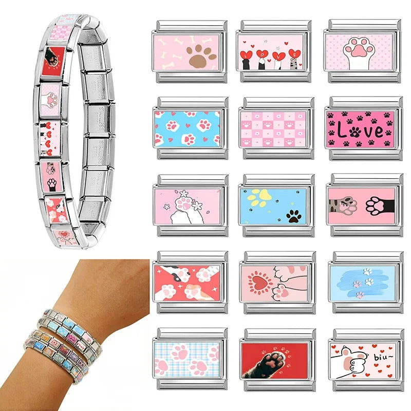 New 2026 Y2K Design Colorful Cute Cat Claw Love Heart Italian Charm Links Fit 9MM Stainless Steel Bracelet DIY Making Jewelrys Qme