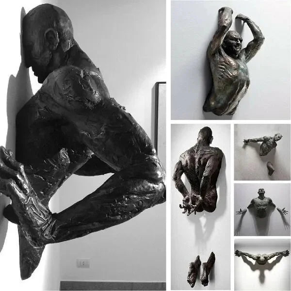3D Through Wall Figure Sculpture Resin Electroplating Imitation Copper Abstract Character Ornament Statue Living Room Home Decor Qme
