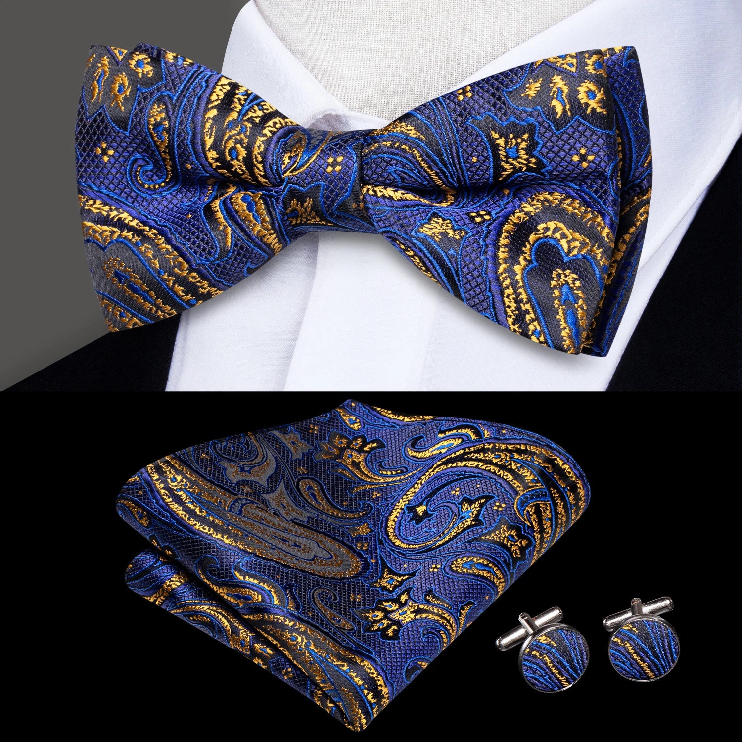 Hi-tie Grey Plaid Jacquard Pre-tied Mens Bow Tie Hanky Cufflinks Qme LH-2531