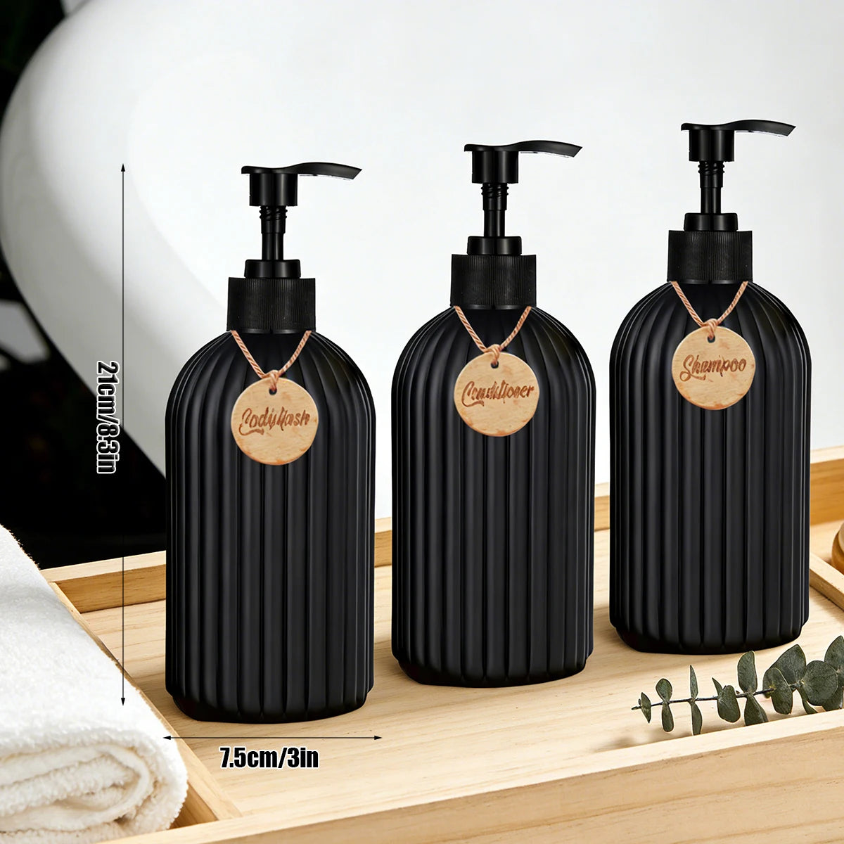 Matte Black Soap Disenser with Tags-16oz Ribbed Plastic Refillable Bathroom Bottles for Shampoo Conditioner Body Wash Container Qme