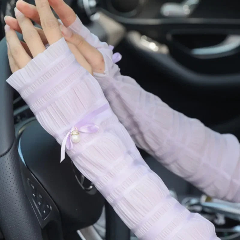 Women Arm Warmer Cute Summer Sun Protection Long Fingerless Gloves Qme PURPLE One Size