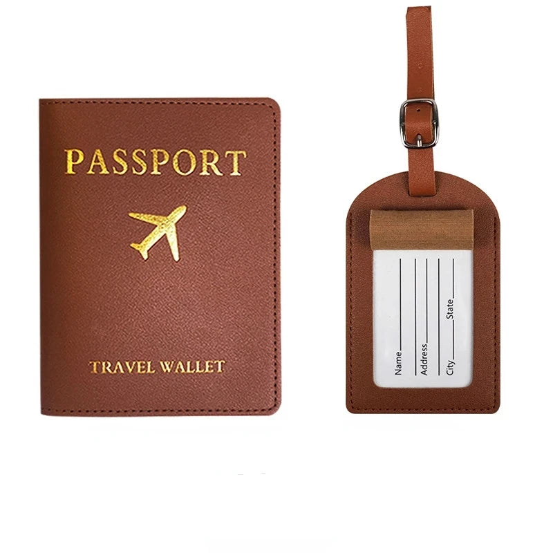 PU Leather Luggage Tag Passport Holder Set Passport Protective Cover Travel Portable ID Credit Card Holder Travel Accessories Qme BROWN