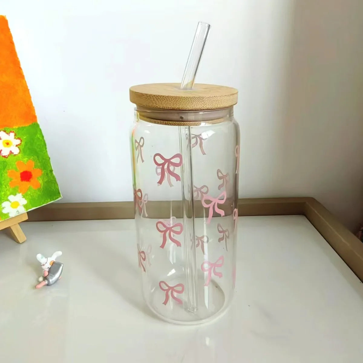 500ml Cute Bow Glass Cup Bow Bear Pattern Water Bottle Coffee Cups With Lids Straw Brush Valentine's Day Party Gift Qme Pink Bow 500ML