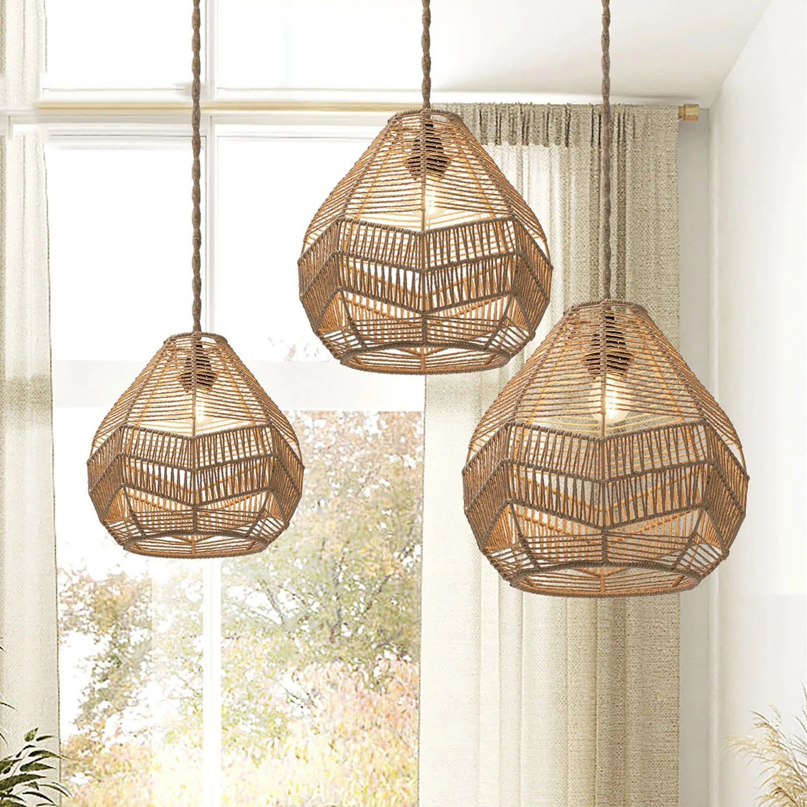 Nordic Modern Retro Hand-woven Lamp Shades atural Rattan Wicker Hanging Light Chandeliers Decorative Covers Qme