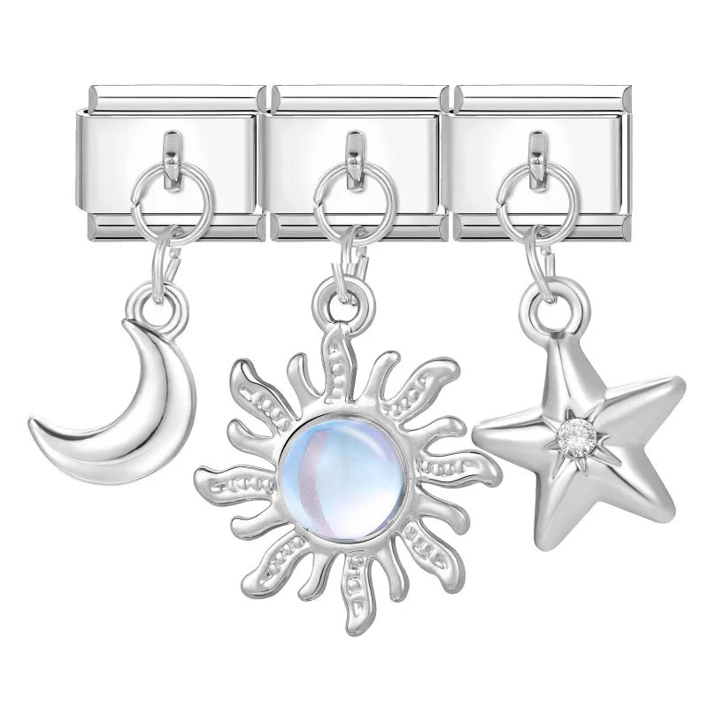 Wholesale Shiny Blue Sun Zircon Stars Moon Sereis Pendant Italian Charm Links Fit 9mm Stainless Steel Bracelet Women DIY Making Qme Style 9