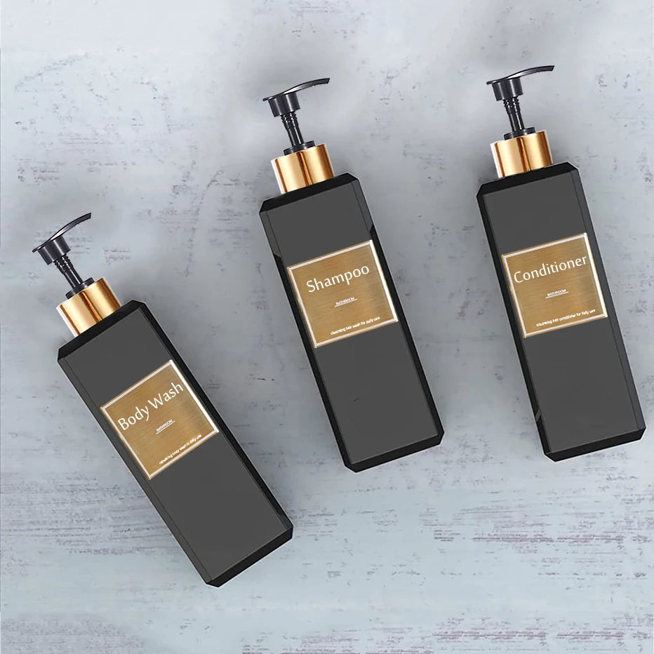500ml/16.9oz Shampoo Dispenser Press Pump Bottle with Gold Waterproof Labels Bathroom Shampoo Conditioner Body Wash Bottles Qme