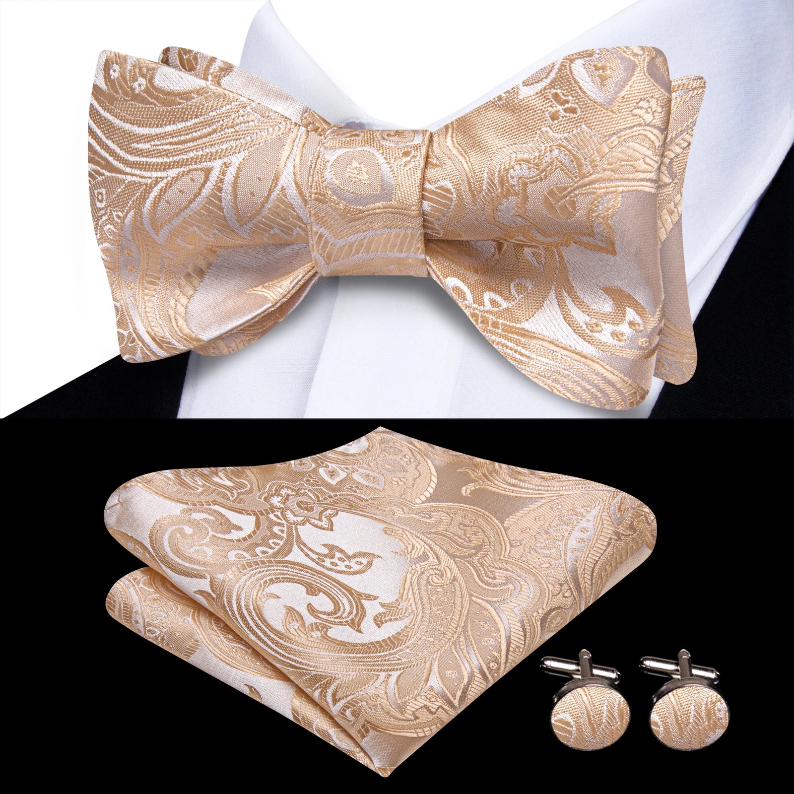 Hi-Tie Classic Bow Ties for Men Butterfly Self-Tied Male Bowtie Pocket Square Cufflinks Set Jacquard Paisley Wedding Event Party Qme HT-LH-2311