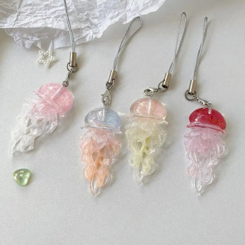 Creative Jelly Color Jellyfish Charm Keychain Y2K Beaded Pendant Phone Chain Car Hanging Decoration Bag Pendants Ornament Gifts Qme