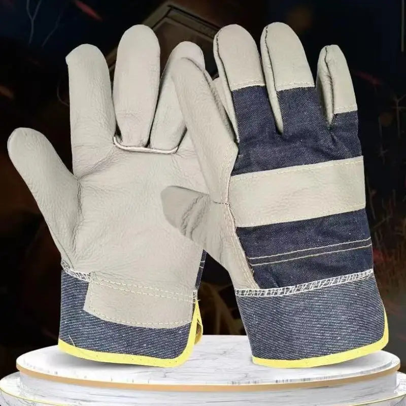 1 Pair Cowhide Denim Gloves Thickened Protective Work Carpentry Qme