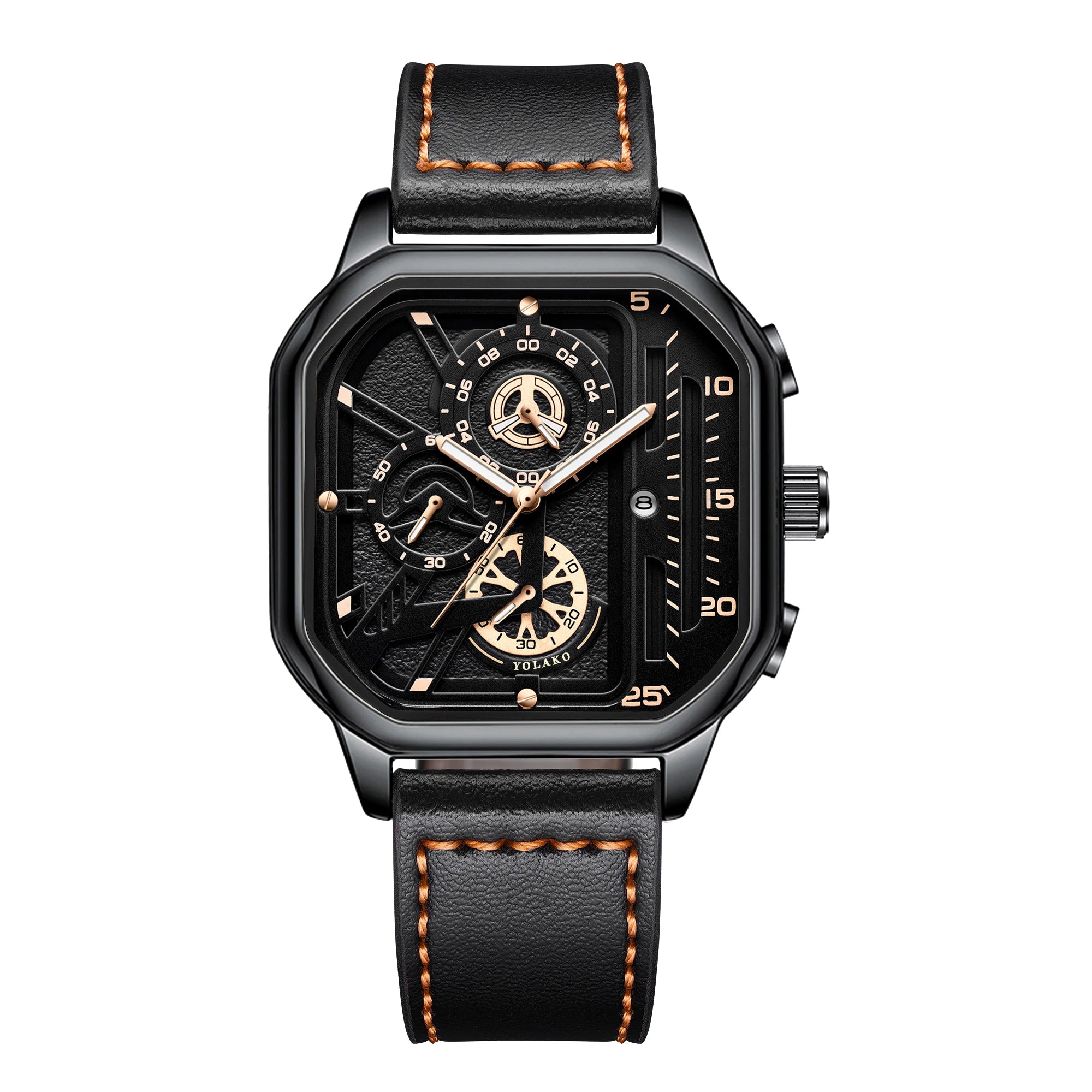 Luxury Square Case Men Chronograph Wristwatch, Multi-Subdial Hollow Dial Black Gold Accent Leather Strap Sport Business Quartz Qme A