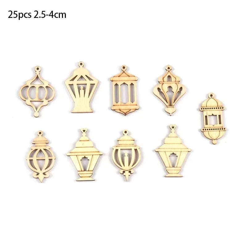 25pcs 2.5x4cm Mixed Eid Mubarak Wooden Pendants Crafts Hanging Ornaments Ramadan Wood DIY Supplies Home Muslim Islamic Party Dec Qme