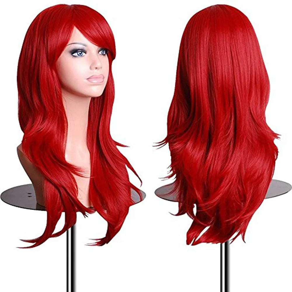Red Wigs 28 inch Wavy Curly Cosplay Wig With Wig Cap Synthetic Curly Hair Red Smooth Long Wig Easy To Manage Wigs Qme