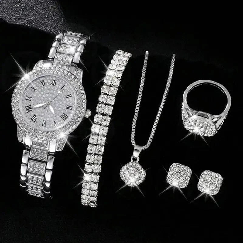 Women's Quartz Watch Gold Luxury Women Ring Necklace Earring Rhinestone Fashion Wristwatch Casual Ladies Watches Jewelry Set Qme Brown