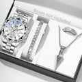 4PCS Silver Men's Fashion Casual Mixed Scale Dial Quartz Watch Bracelet Necklace Ring Set Suitable for Daily Wear Decoration Qme Silver