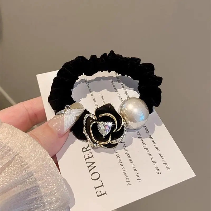 Deluxe Hair Ropes Women Black Pearl Tea Rose Designs Stylish Bands Qme