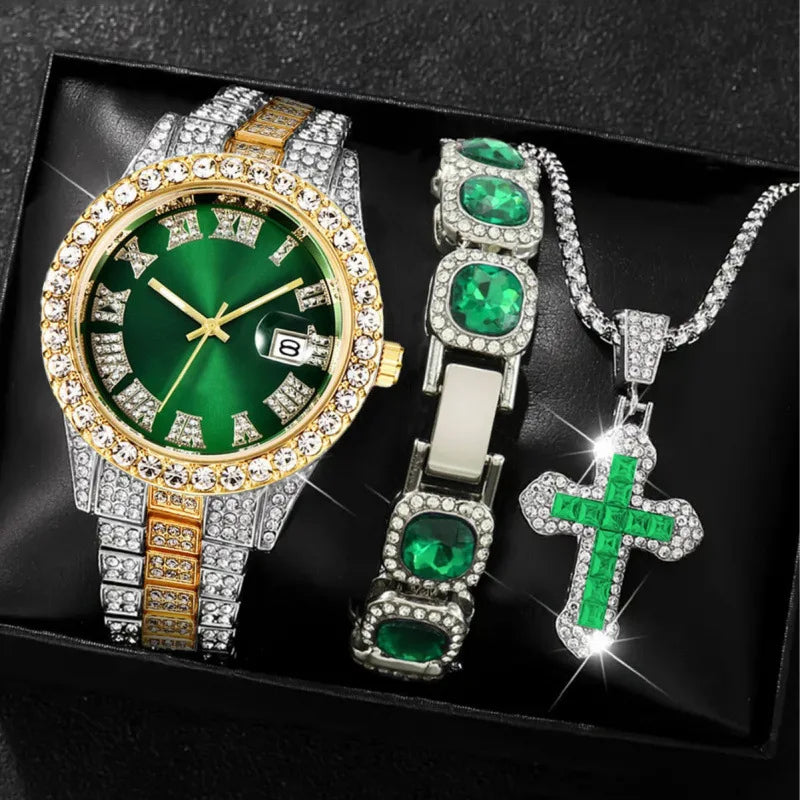 Men's Full Diamond Two-tone Watch and Jewelry Combo Set, Iced Out Green Stone Bracelet + Cross Pendant + Watch, Perfect Gift Qme