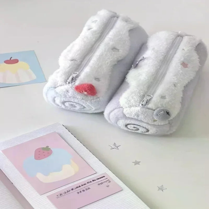 Cute Cream Swiss Roll Plush Pencil Case Large Capacity School Student Qme