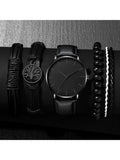 5 Pcs Set Men's Fashion Sports Watches Men's Business Quartz Wrist Watch Luxury Leather Bracelet Men's Casual Watch Qme black suit