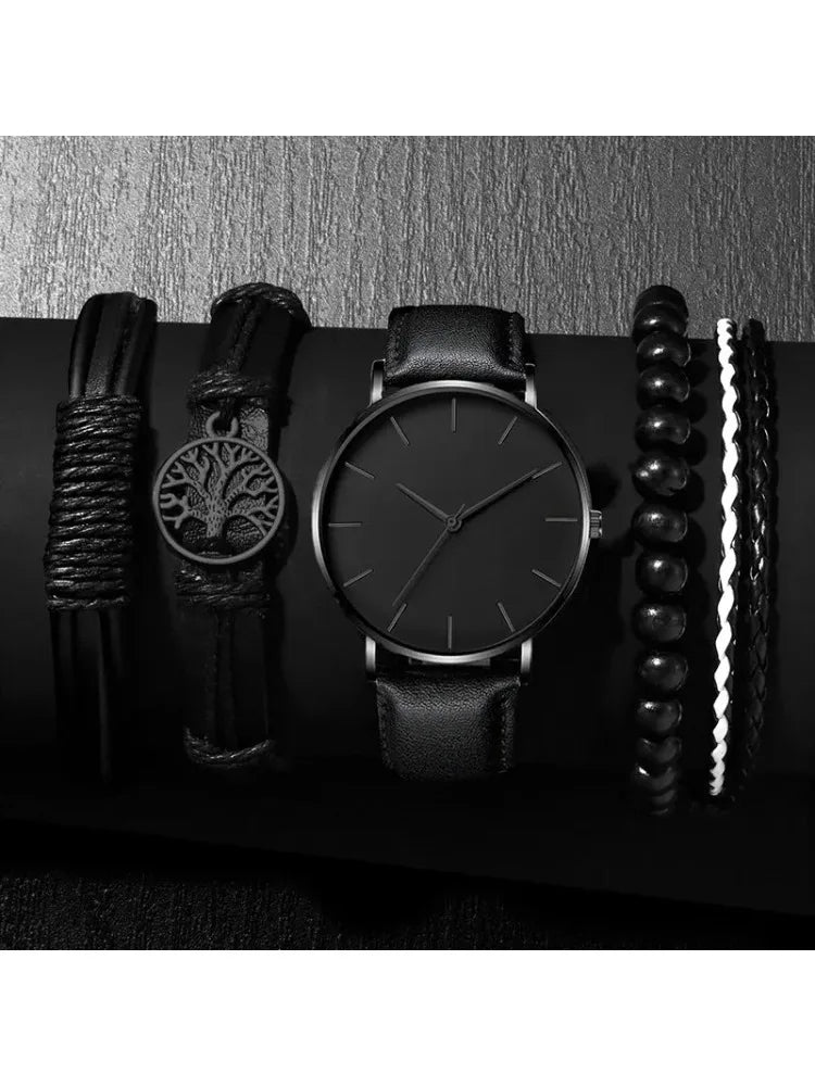 5 Pcs Set Men's Fashion Sports Watches Men's Business Quartz Wrist Watch Luxury Leather Bracelet Men's Casual Watch Qme black suit