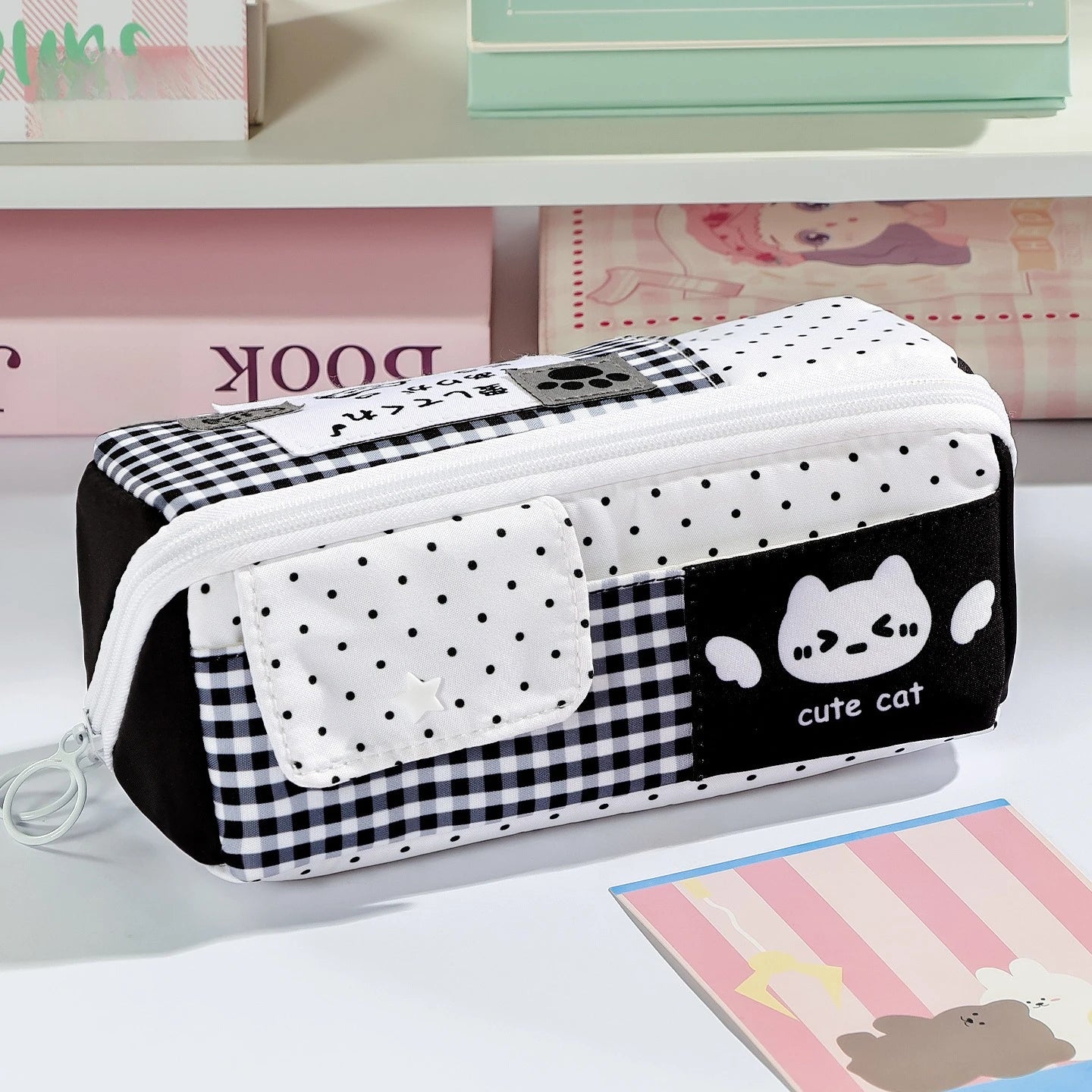 Large Capacity Cute Polka Dot Cat Pencil Case Student Pen Pouch Qme Black