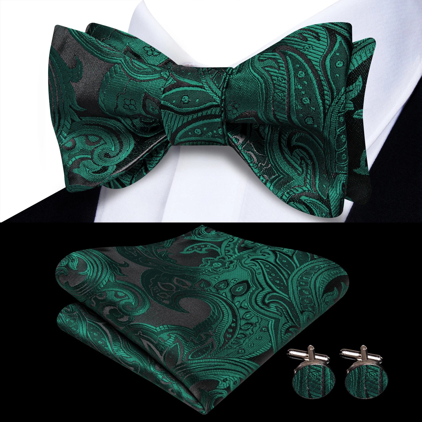 Hi-Tie Classic Bow Ties for Men Butterfly Self-Tied Male Bowtie Pocket Square Cufflinks Set Jacquard Paisley Wedding Event Party Qme HT-LH-2301