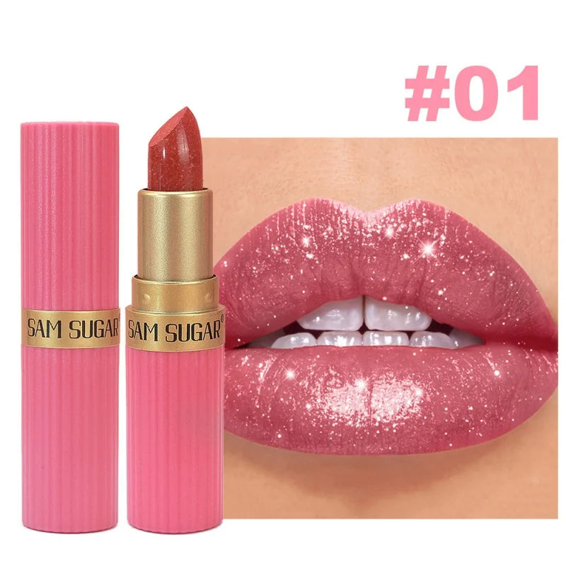 Diamond Pearlescent Lipstick Glitter Shiny Metallic Lipstick Lip Tint Long Lasting Nude Shimmer Shiny Lip Gloss Makeup Qme 1pcs 01 3.5g Full Size