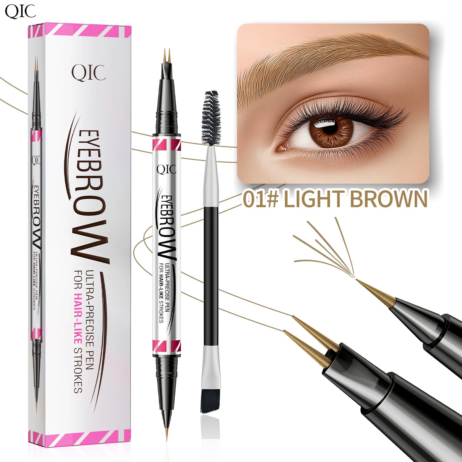 Waterproof Eyebrow Pencil with Micro Blade Tip & Brush Ended Liquid Brow Marker, Quick-Dry Non-Smudge Formula, Sweatproof Qme Q712-1