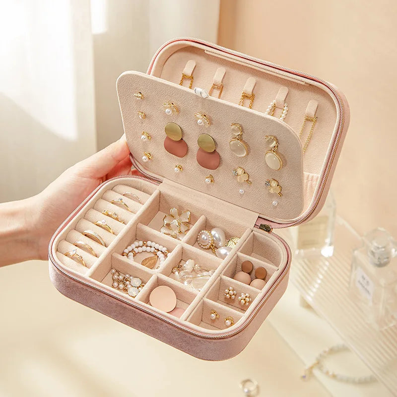 Portable Velvet Jewelry Box Travel Organizer Case for Women Girls Ring Earring Necklace Bracelet Storage Holder Display Gift Qme