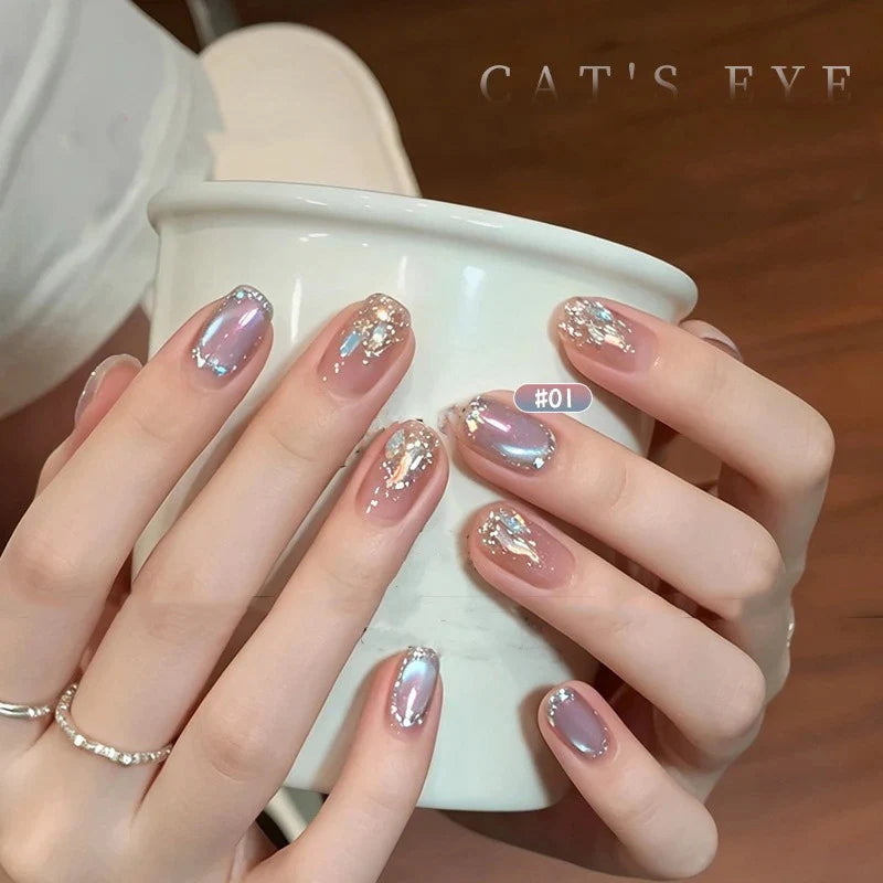 New Cat Eye Nail Gel Polish Set, Taro Purple Milky Shimmer, Magnetic Aurora Glass Bead Effect, Long Lasting Soak Off UV LED Gel Qme