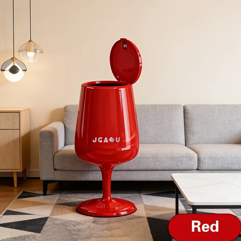 Wine Glass Shaped Trash Can with Lid Waste Basket Trash Bin Round Tall Garbage with High Leg for Home Office Bedroom Kitchen Qme Red
