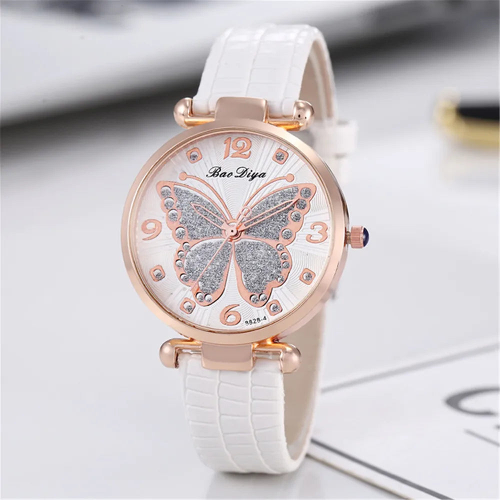 Casual Round Pointer Quartz Watch Cute Rhinestone Butterfly Pattern Dial Analog Dress Watch, Gift For Women Girls Qme WHITE