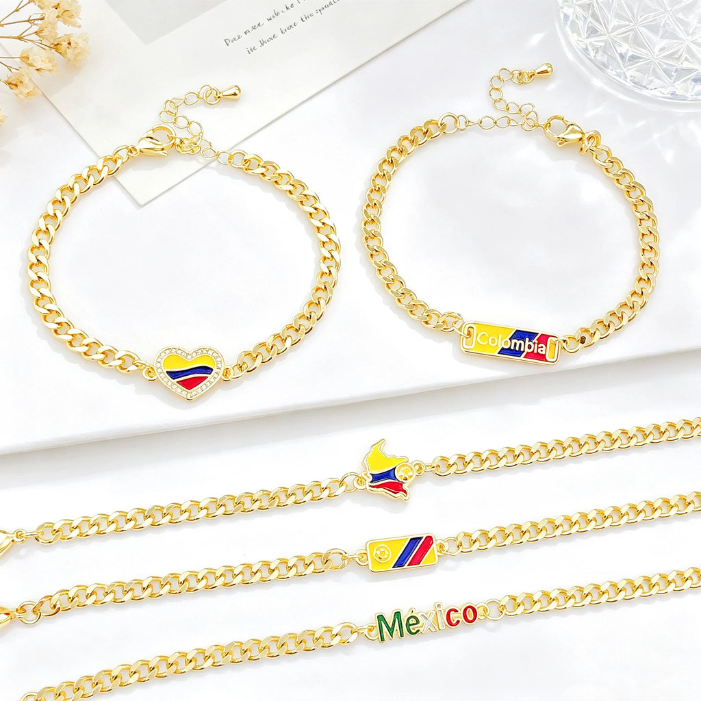 Classic Enamel Art Gold Plated Venezuela Colombia Flag Cuban Chain Bracelet for Men Women Holiday Anniversary Jewelry Fine Gift Qme
