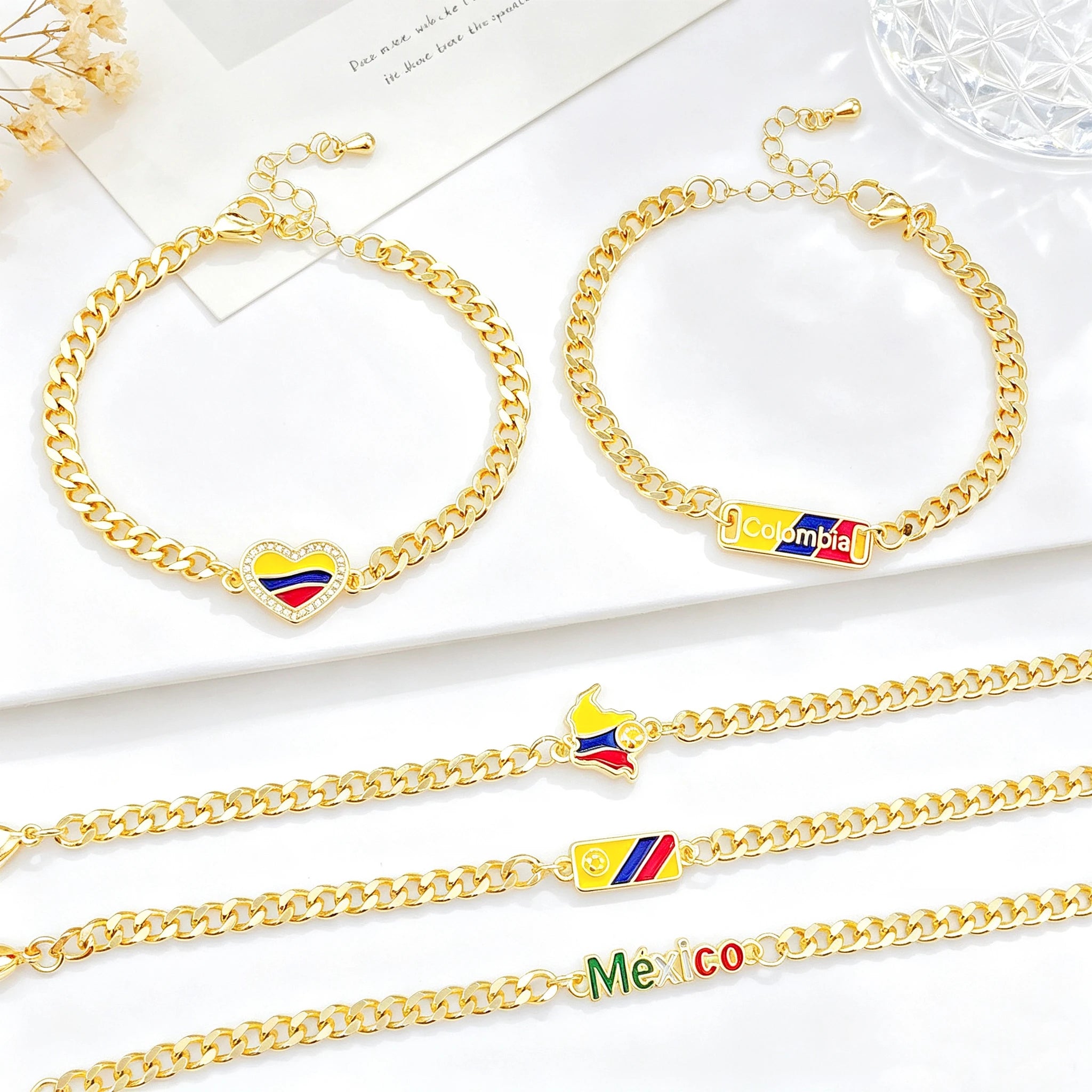 Classic Enamel Art Gold Plated Venezuela Colombia Flag Cuban Chain Bracelet for Men Women Holiday Anniversary Jewelry Fine Gift Qme