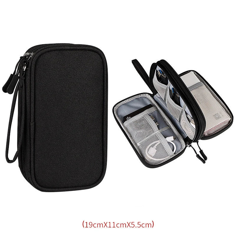 Portable Travel Digital Product Storage Bag Organizer Multi-layer Headset Cable Handbag Charging Treasure USB Data Cable Bag Qme 19X11X5.5CM Black