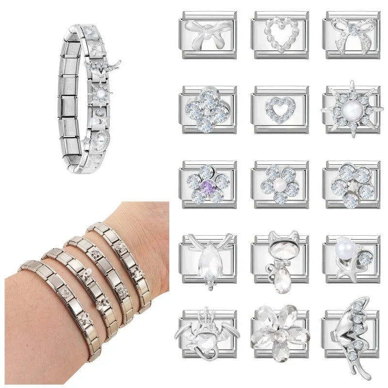 Fashion Love Heart Demon Wing Lovely Cat Elk Bowknot Shiny CZ Italian Links Charm Fit 9mm Stainless Steel Bracelet Making Gifts Qme