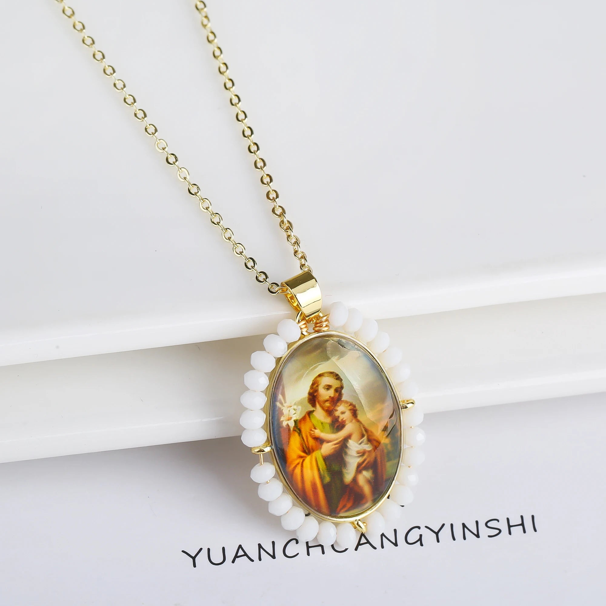 High Quality Hot Sale Religious Style Christian Catholic Image Pendant For Women Men Oval Shape Pave Beads Chain Choker Jewelry Qme 9