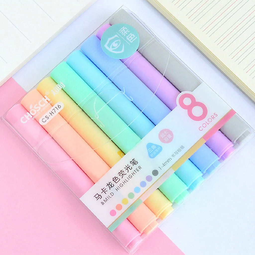 8 Macaron color highlighter pens with slanted head design, eye protection color marker highlighter pens, learning diary supplies Qme 8 colors