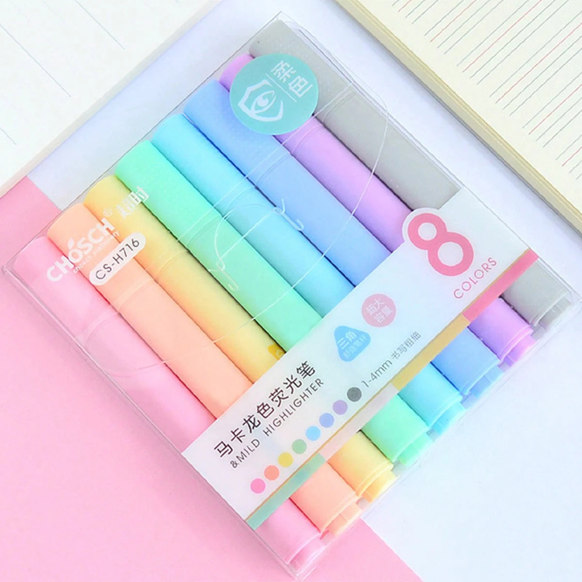 8 Macaron color highlighter pens with slanted head design, eye protection color marker highlighter pens, learning diary supplies Qme 8 colors