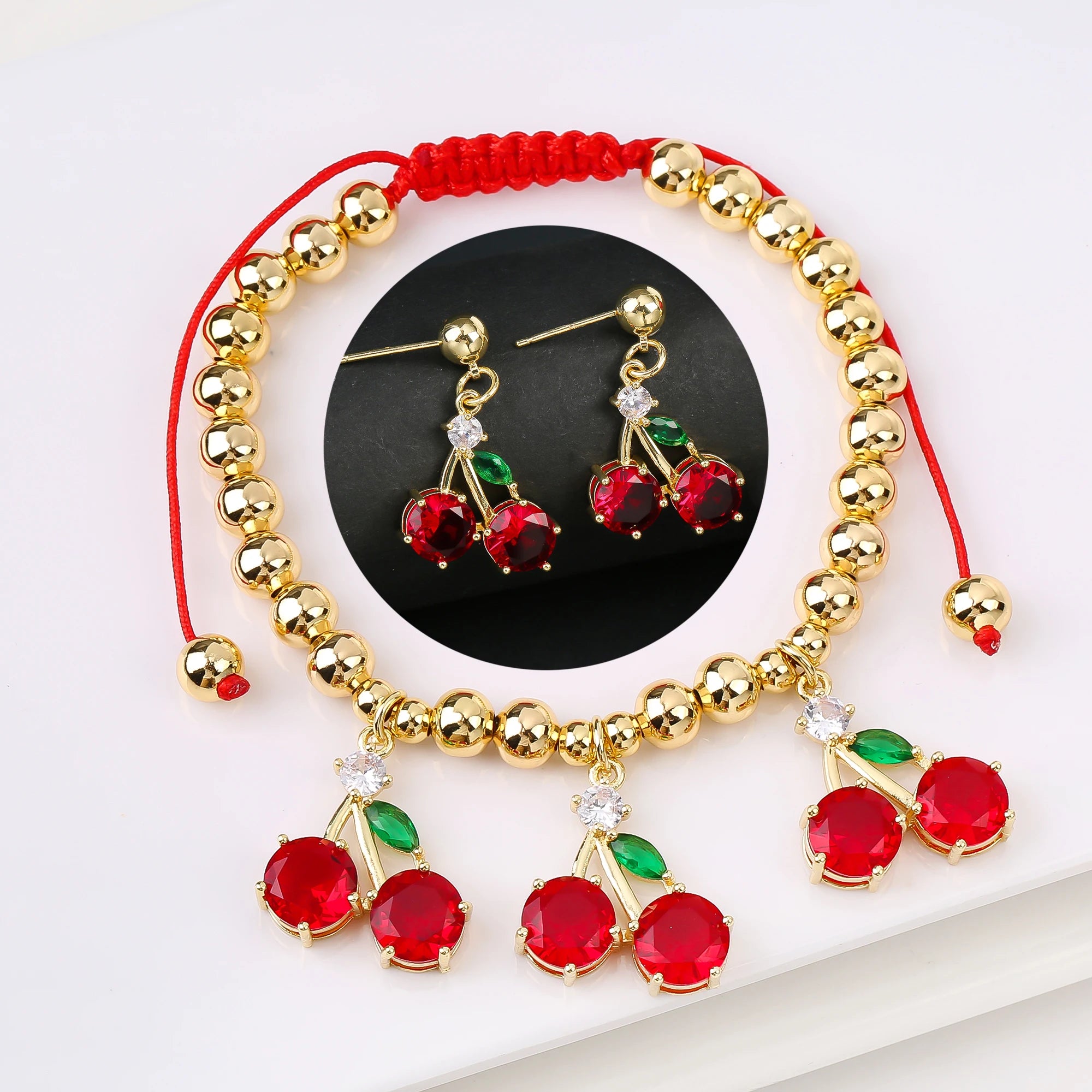 2PCS Trendy Red Cherry Strawberry Bracelet Earring Fruit Set for Women Casual Vacation Zirconia Jewelry Girls Lucky Gift Qme Jewelry Set 10