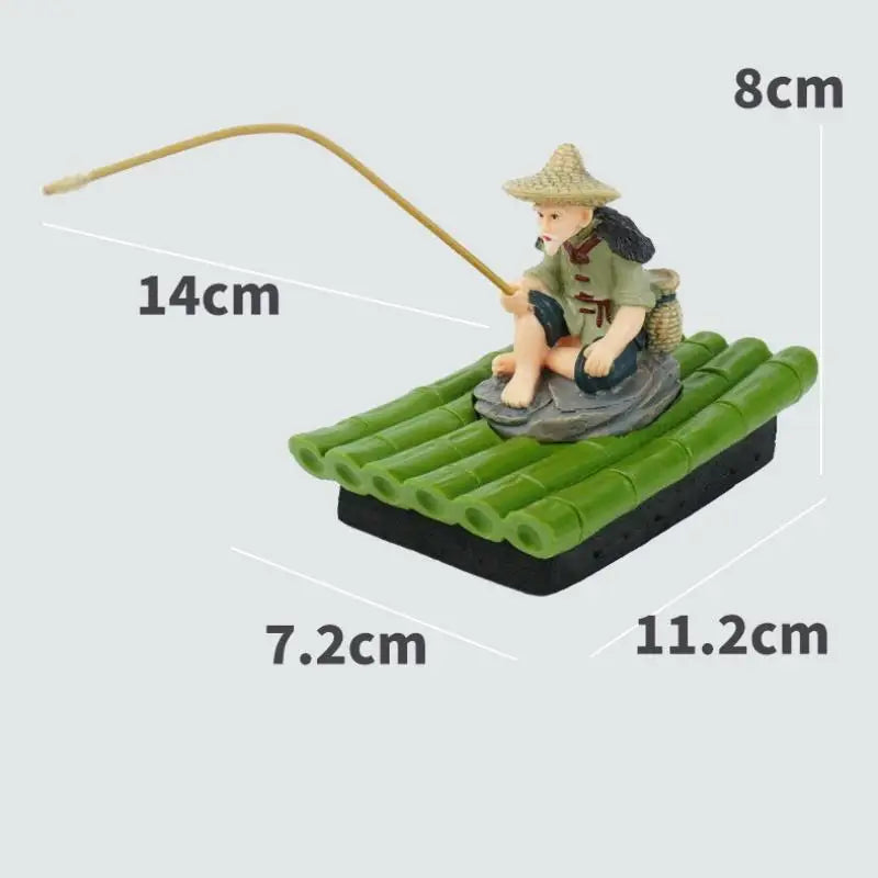 1Pc Outdoor Decoration Bamboo Raft Fisherman Figurine Elderly Fisherman PVC Statue For Yard Floating Aquarium Decor. Qme