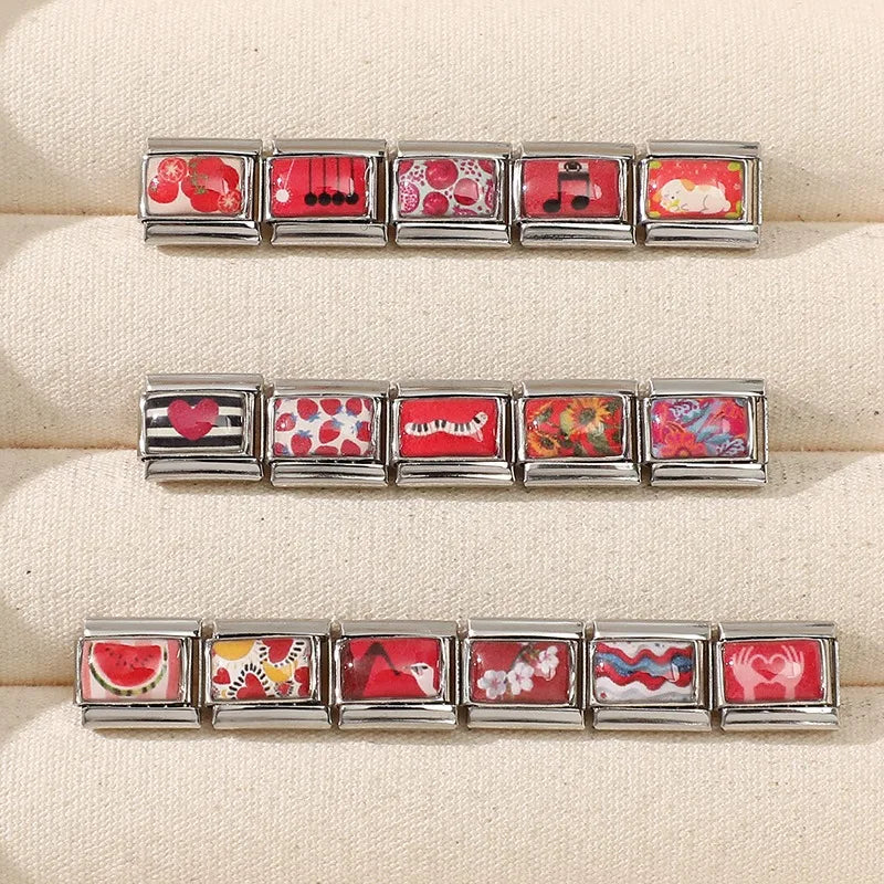 Wholesale Red Color Series Pomegranate Strawberry Love Italian Link Fit 9mm Stainless Steel Bracelet Making DIY Charm Jewelrys Qme