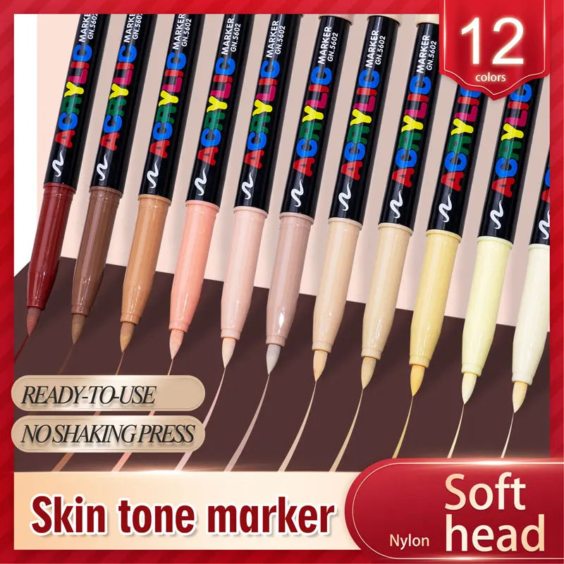 12/24 Colors Skin Tone Acrylic Markers, Brush Tip, Art Marker for Permanent for Coloring Drawing & Illustration Art Supplies Qme
