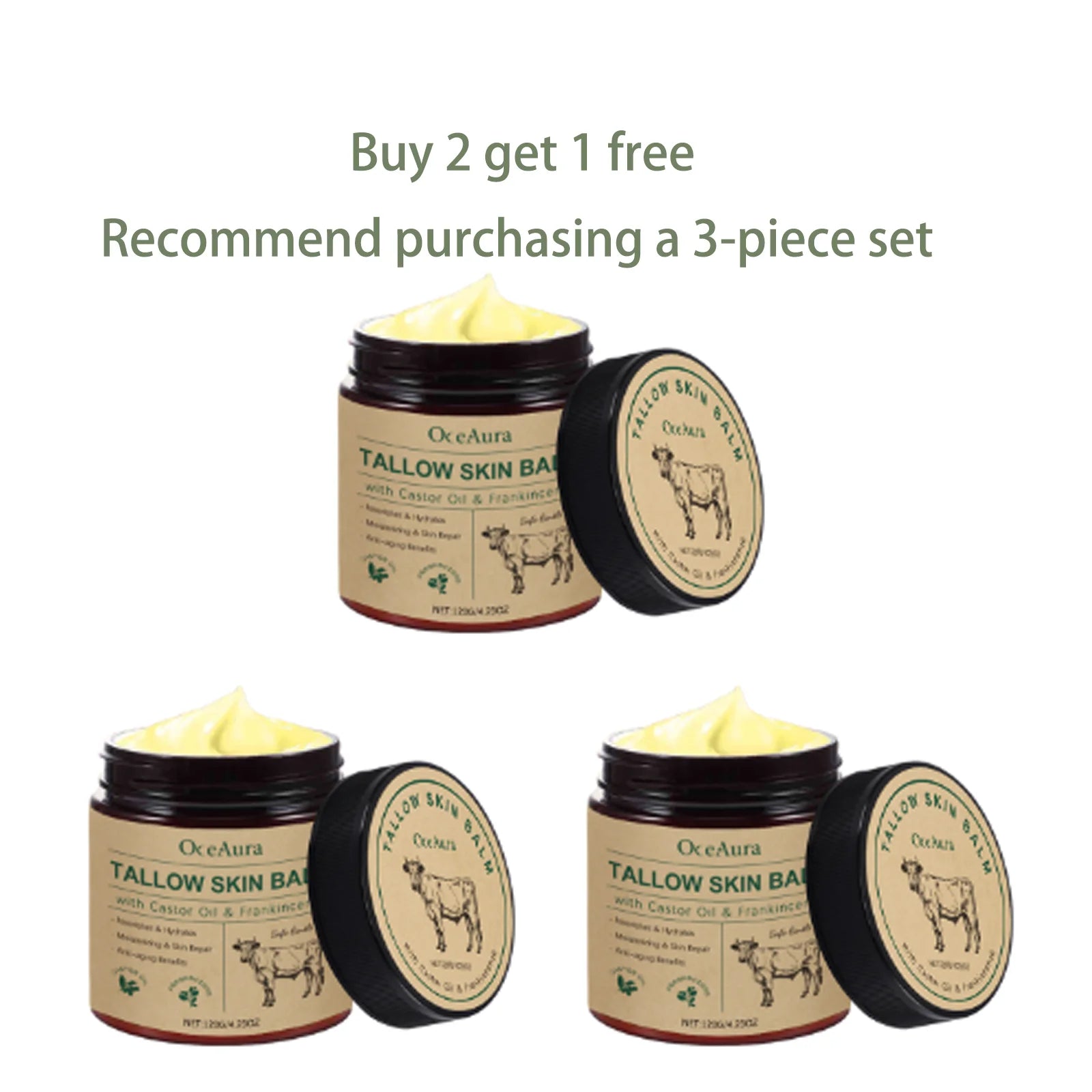 OceAura Tallow Skin Balm Castor Oil Frankincense Infused Nourishing Hydrating Anti-aging Sensitive Skin Friendly Skin Care Cream Qme 120g x3