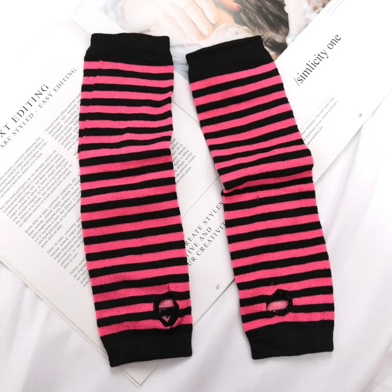 Punk Winter Warm Long Sleeves Gloves Goth Men Women Fingerless Stripe Hip-Hop Knitted Elbow Mittens Elastic Outdoor Warmer Arm Qme SKY BLUE Length -32cm