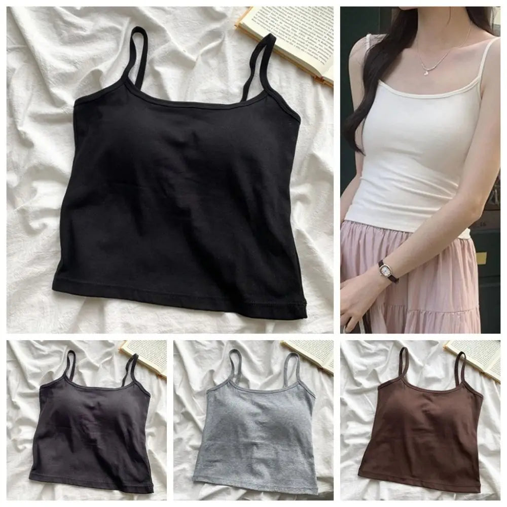 Tank Top Simple Spaghetti Straps Camisole Korean Style Cotton Slim Crop Top Solid Color Bottoming Shirt Sling Vest Women Qme