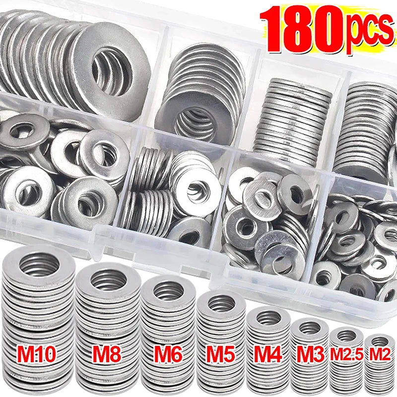 ^180Pcs Stainless Steel Washers O Ring Fasteners Gasket Set Assortment Kits M2 M2.5 M3 M4 M5 M6 M8 M10 Flat Washer Grommets Qme