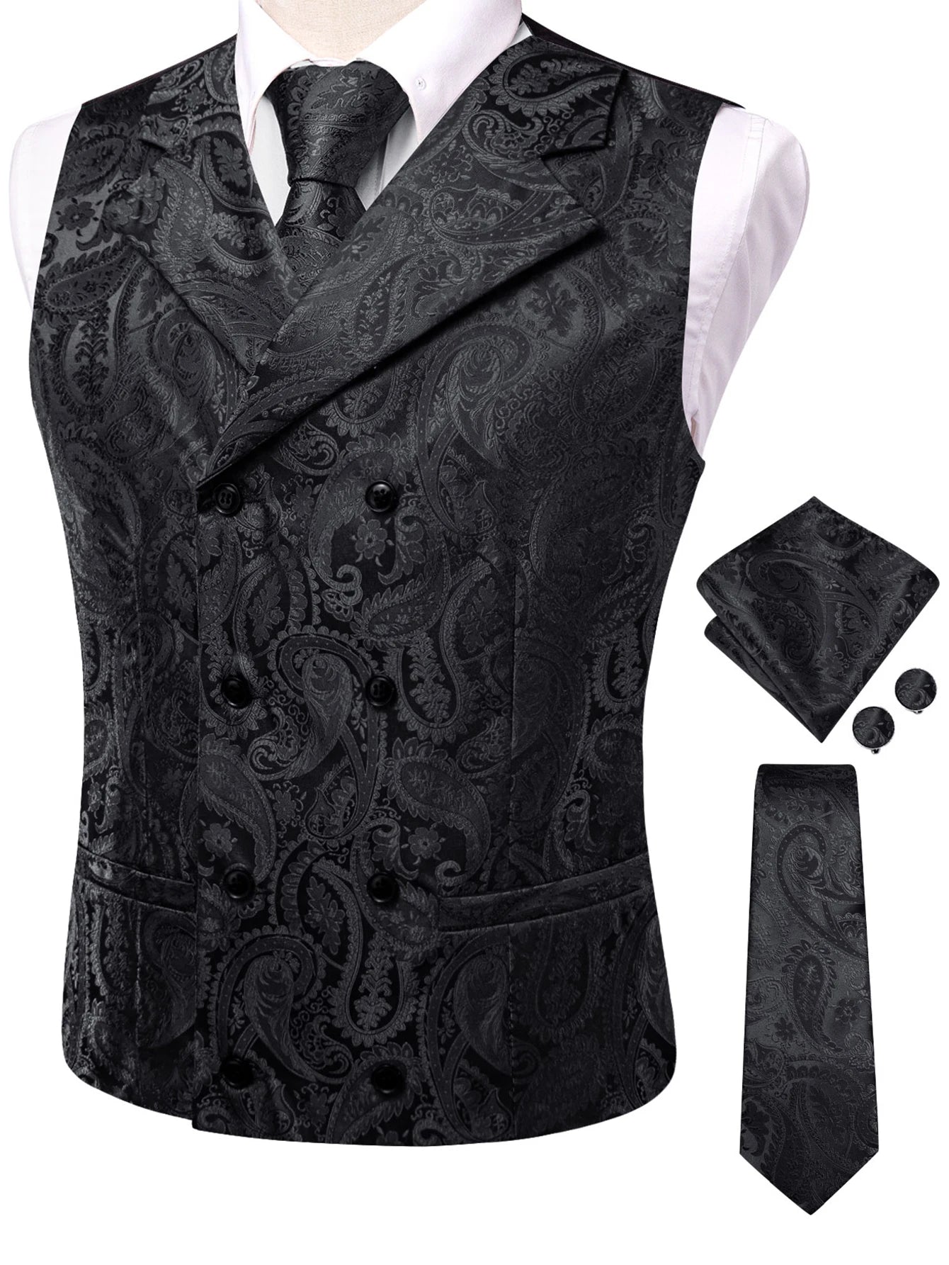Men's Golden Paisley Vest Tie Hanky Cufflinks Luxury Tops Weddings Qme HT-MJ-0174 XL